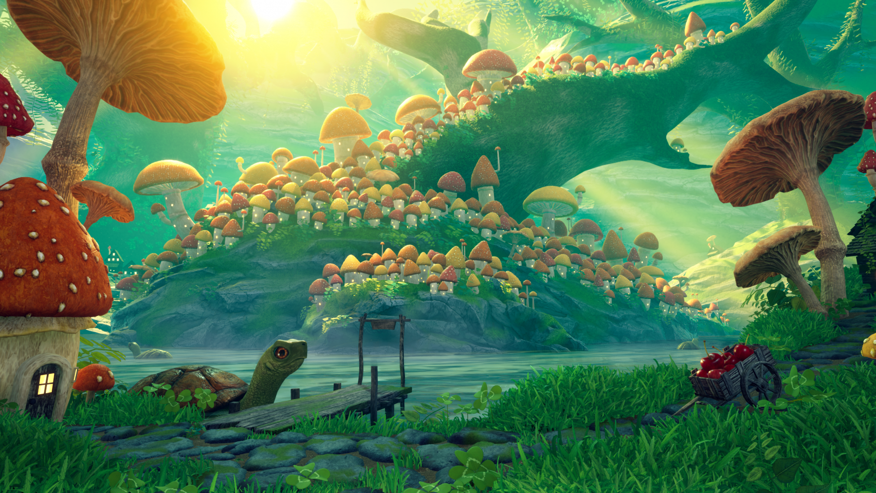 Bright, fantastical, lush world full of building sized mushrooms.