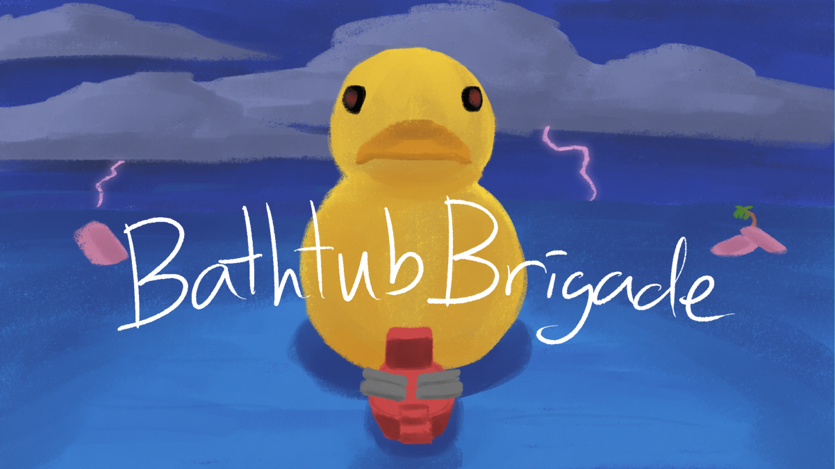 Rubber Duck being pulled by a Tug Boat with the words Bathtub Bridage over the top